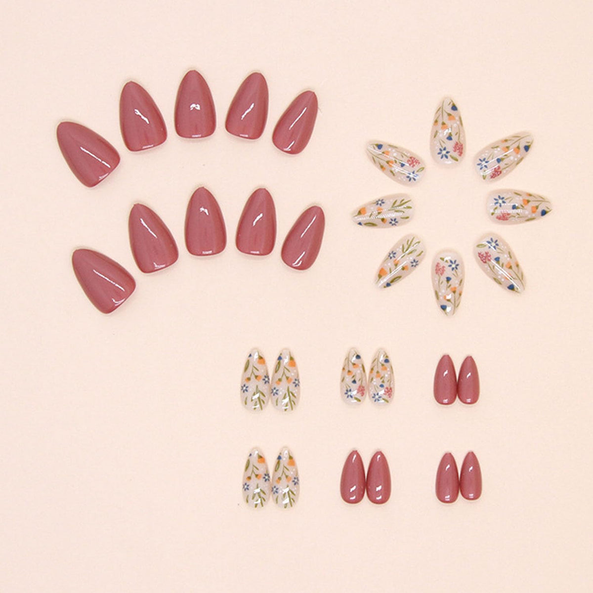 Short Press On Almond Fake Nails - Flower Acrylic Fall Nails Press Ons Full Cover Glue On Cute False Floral Stick On Nails for Women - 30 Pcs