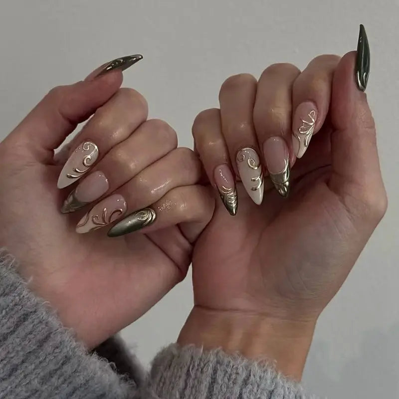 SHEDARES Elegant Swirl – Handmade Press-On Nails with Sculpted Gold Swirls & Sage Chrome Accents – Perfect for Weddings, Office Chic & Timeless Luxury