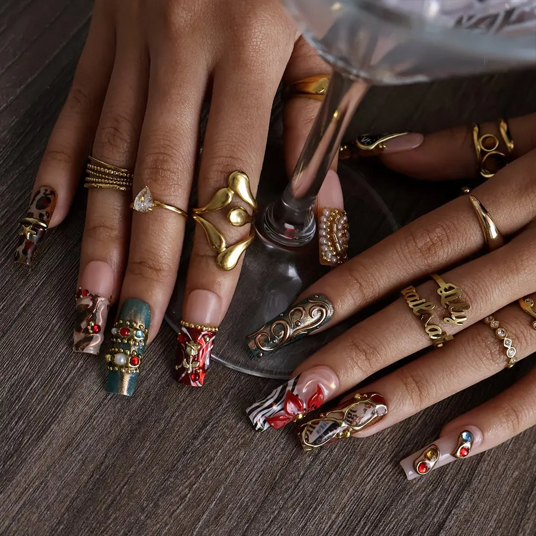 Lilynailsart | Maximalist Vintage Gold Nails – Filigree Gemstone Chrome 3D Rhinestone Nails – Long Square Luxury Nails