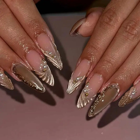 SHEDARES Pearl Cat-Eye Wings – Handmade Gold 3D Press-On Nails with Pearls & Metallic Sculpted Details  – Perfect for Glam Nights & Holiday Parties