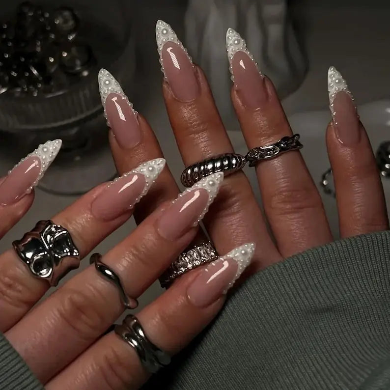 Pearl French Tip Press On Nails, Bridal Nails, Elegant Wedding Nails