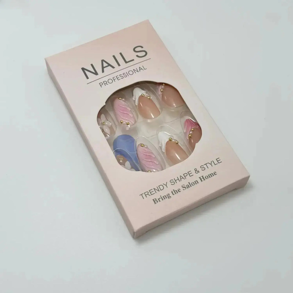 Women's Nude Pink 3D Flower Press-On Nails, Almond French Tip False Nails with Wavy Design, Glossy Reusable Acrylic Nail Set for Everyday Wear, Weddings & Parties
