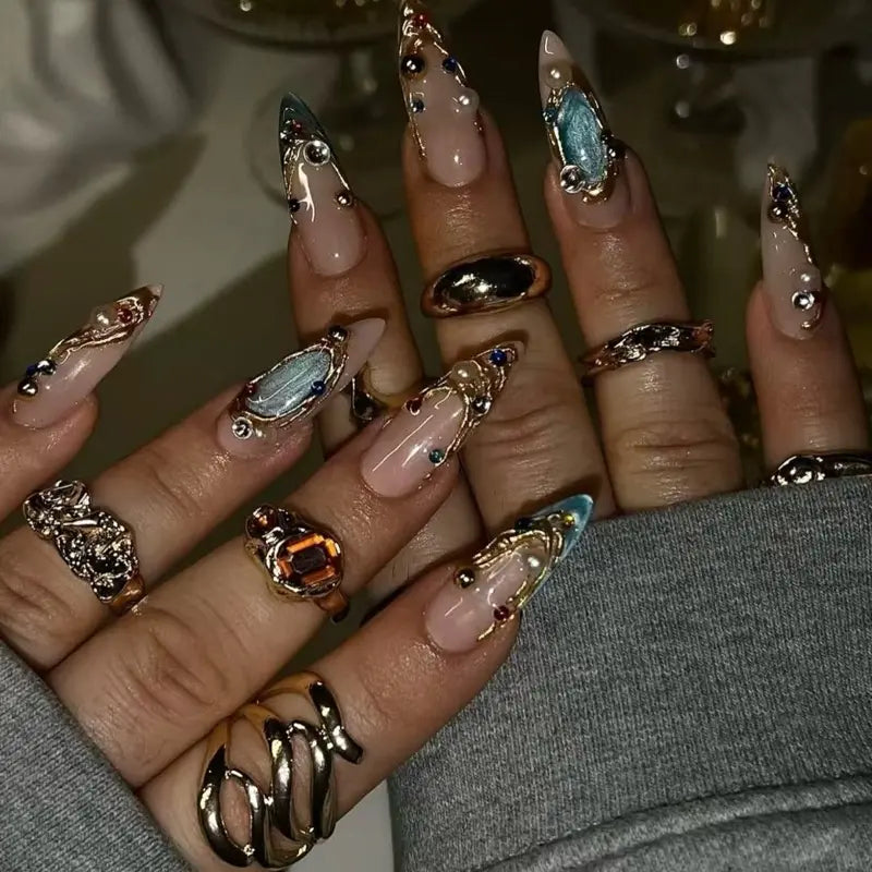 SHEDARES Gilded Heirloom – Luxury Press-On Nails with Sculpted Gold Art, Multicolor Gem Accents & Glossy Nude Base– Perfect for Night Out & Special Events