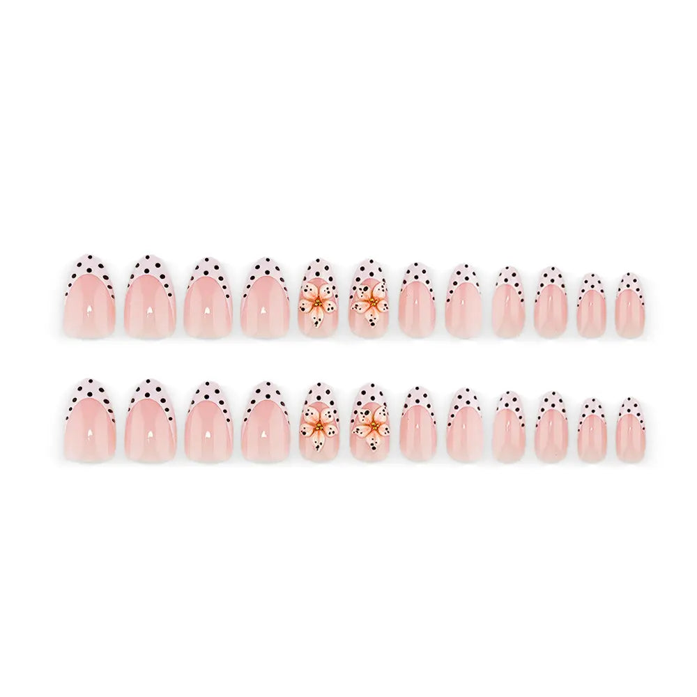 24pcs Polka Dot French Style Y2K 3D Carved INS Handmade Press-On Nails, Minimalist Versatile Gradient Pink Flower Nail Art, Suitable For Girls' Daily Wear, Fake Nail Tips, Nail Supplies