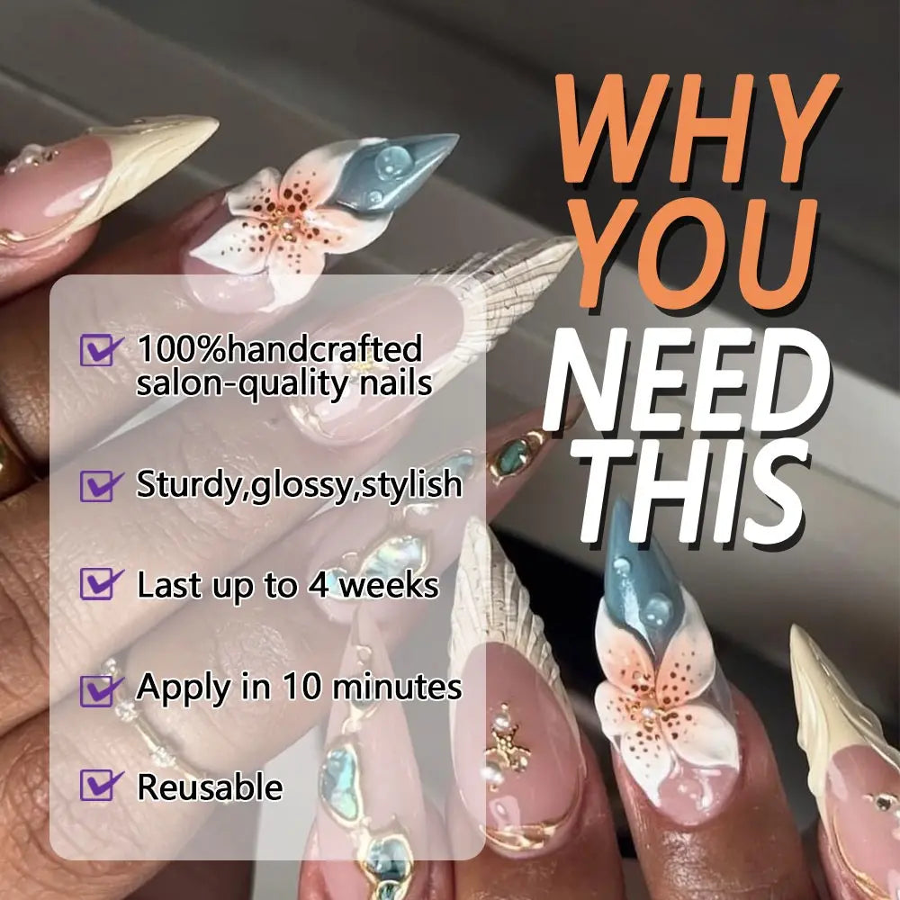 Get a Luxe Bridal Manicure, 10pcs Long Stiletto Peach Pink and White French Tip Nails, 3D White Flowers, Pleated Shell Texture and Crystal Frame, Glossy Reusable Handmade Press On Nails, Acrylic Fake Nails for Women, Weddings, Prom & Parties