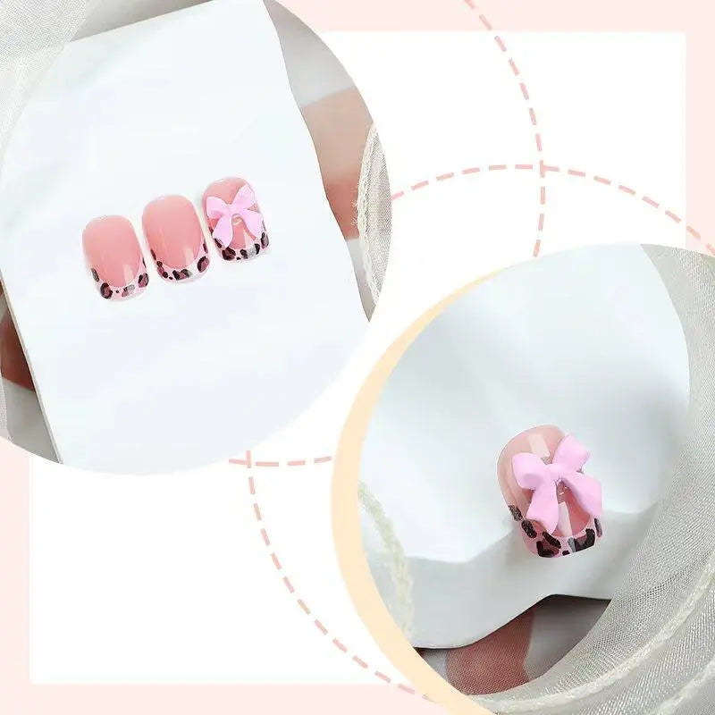 Leopard Print Fake Nails Kit, 24pcs Bow Decor Short Square False Nails for Women & Girls DIY Nail Art, Effortless Press on Nails Manicure Set, Christmas, Christmas Gift