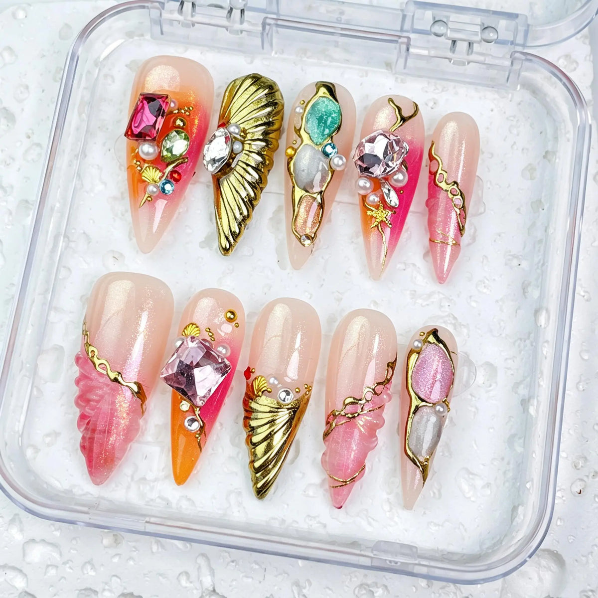 DivelleNails Handmade Press On Nails Collection 10pcs,Stiletto Nude Pink Gradient Nails,3D White Flower Gold Bangle Accent Blue Purple Heart Rhinestone,Reusable Acrylic False Nails