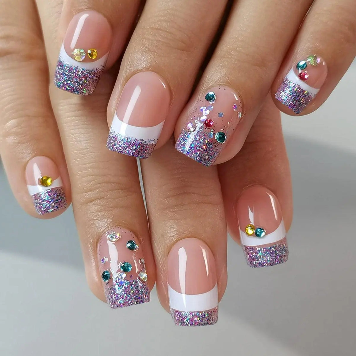 CurvLife Glitter Crown Press On Nails – Nude French Style with White Tips, Sparkling Glitter Gradient and Rhinestone Embellishments, Easy to Apply, Durable and Reusable, Perfect for Weddings, Parties, Holidays, and Daily Glamorous Manicure Looks