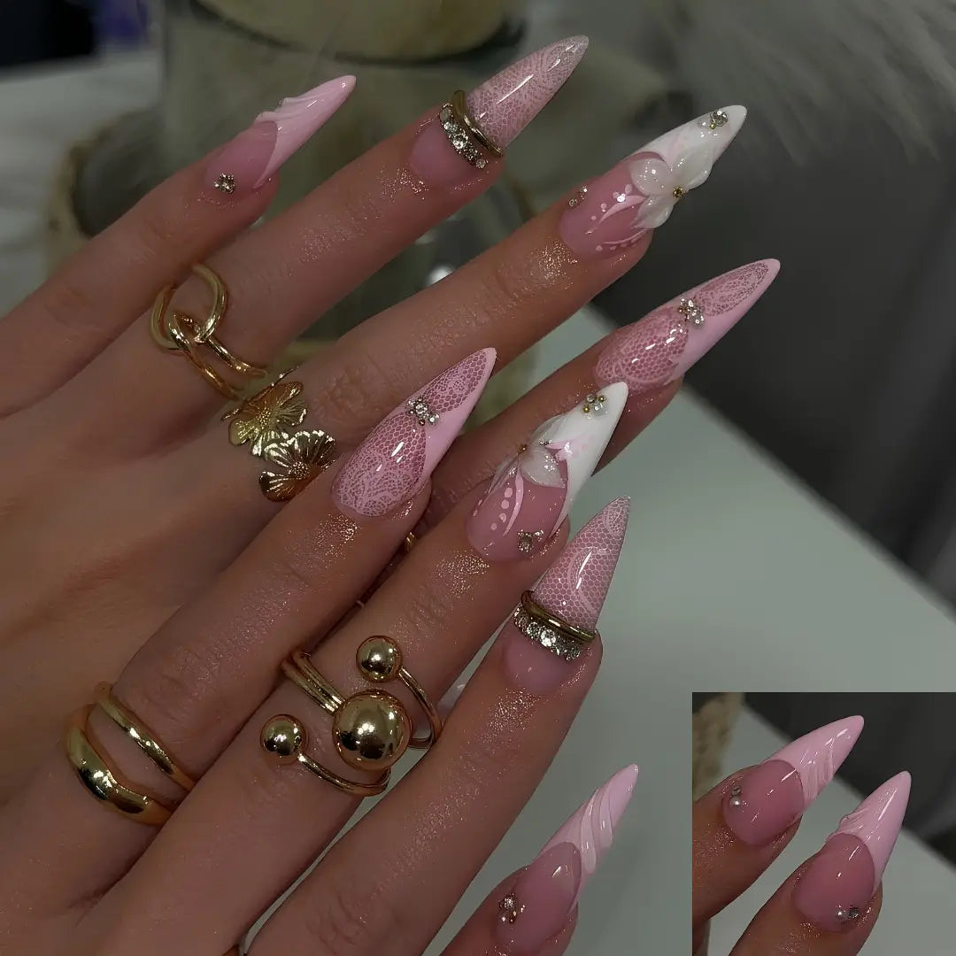 (MTO) Female Everyday Press-On Nails, Long Stiletto Bubble Nail Art, Pink White Lace 3D Flower Rhinestones Fashion Hand Accessory