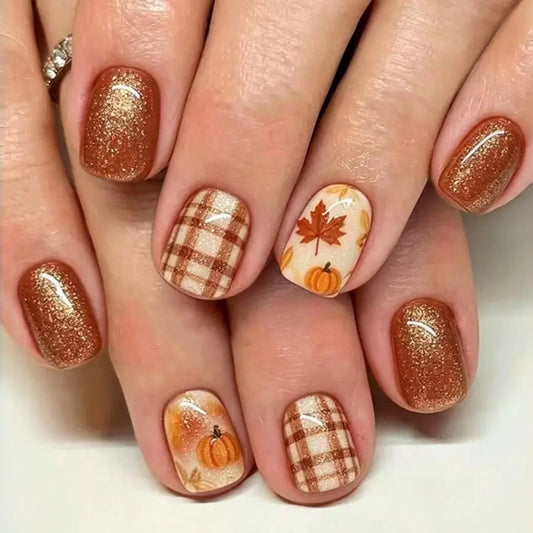 24pcs Short European Style Fake Nails, Orange Brown Pumpkin & Maple Leaf Gradient Plaid Line With Glitter, Full Coverage Removable Women's Nail Art Set, Suitable For Party, Ball And Daily Wear
