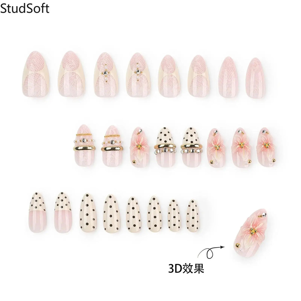 Elegant False Nails, 24pcs Medium Almond Coquette Style with 3D Floral Design, White Lace & Gold Beads for Bridal Wear, Flower Design Nails, Nail Tips Art,sohochic