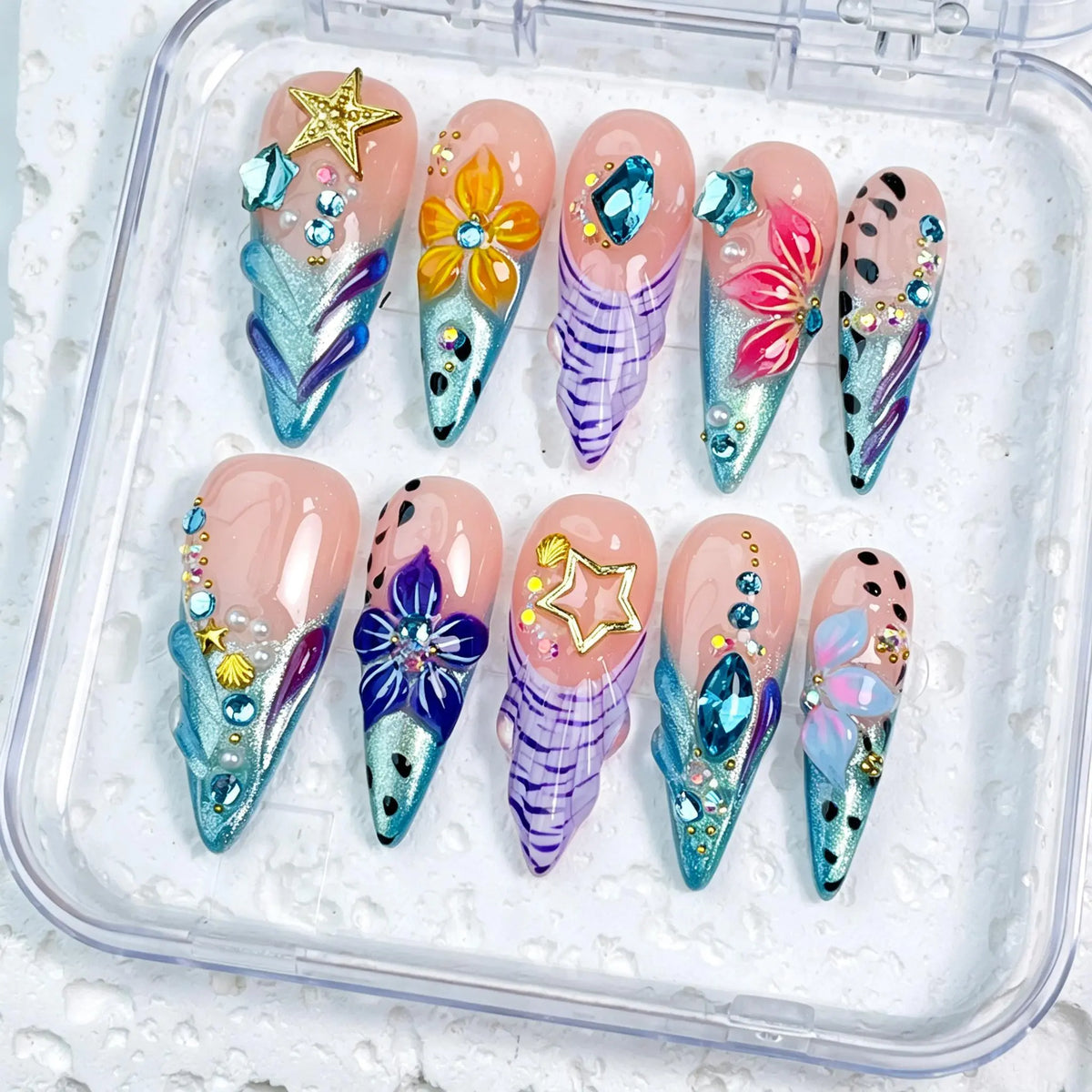 DivelleNails Handmade Press On Nails Collection 10pcs,Stiletto Nude Pink Gradient Nails,3D White Flower Gold Bangle Accent Blue Purple Heart Rhinestone,Reusable Acrylic False Nails