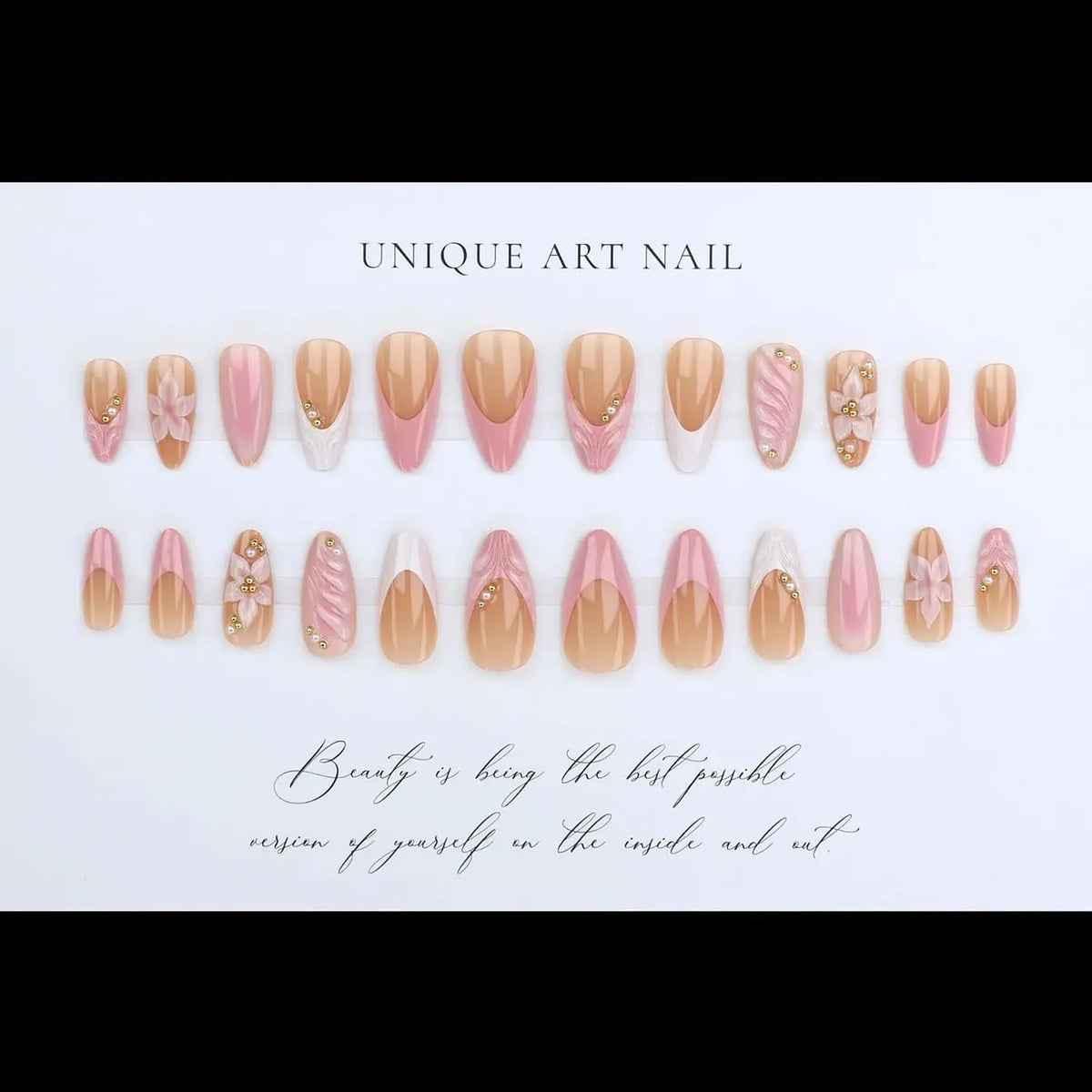 3D Pink Press on Nails Almond - Medium French Tip Fake Nails with Embossed Flower&Gold Bead Designs, Glossy Finish Reusable False Nails with Glue Tabs - 24Pcs Nail Kit for Women Manicure