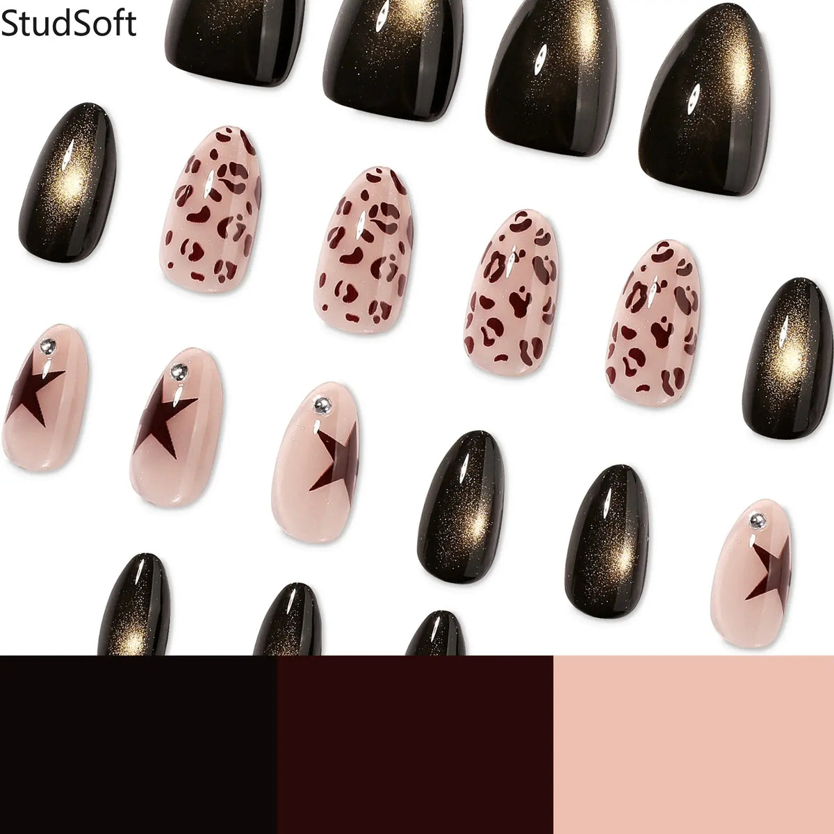24pc Leopard Cat Eye Glossy Brown Star Fake Nails, Almond Shape Medium Reusable Press-On Nail Patches for Autumn Winter Manicures,sohochic