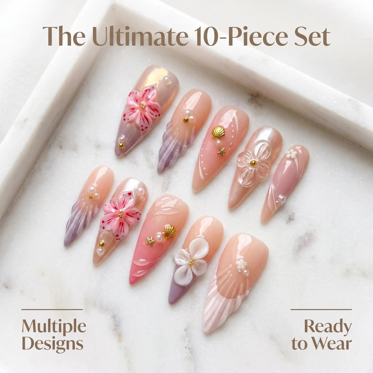 3D Floral Pearl Nail Design Kit, Luxury Pink Nude Nail Art Style with Shell & Star Details, Elegant French Inspired Glossy Manicure Look for Summer Vacation, Wedding, Date Night & Everyday Beauty
