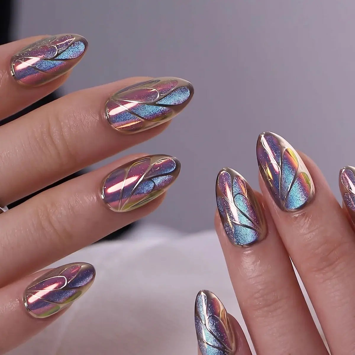CurvLife Luxury Art Press-On Nails Collection – 30PCS Long Almond Styles, Intricate French Tips, Metallic Lines, Gem Accents and Elegant Statement Designs, Reusable Salon-Quality Nails for Special Occasions, Parties and Refined Everyday Glam