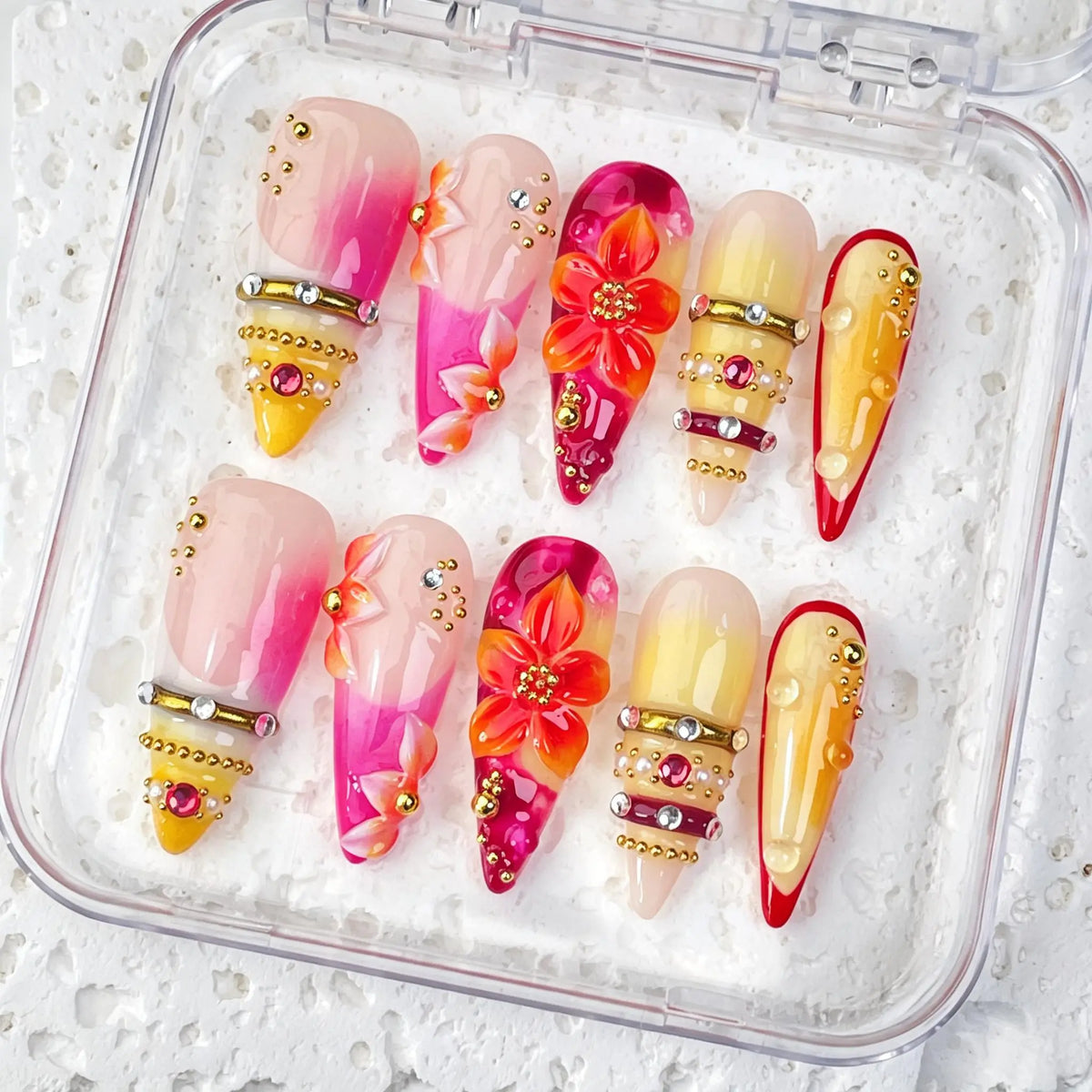 DivelleNails Handmade Press On Nails Collection 10pcs,Stiletto Nude Pink Gradient Nails,3D White Flower Gold Bangle Accent Blue Purple Heart Rhinestone,Reusable Acrylic False Nails
