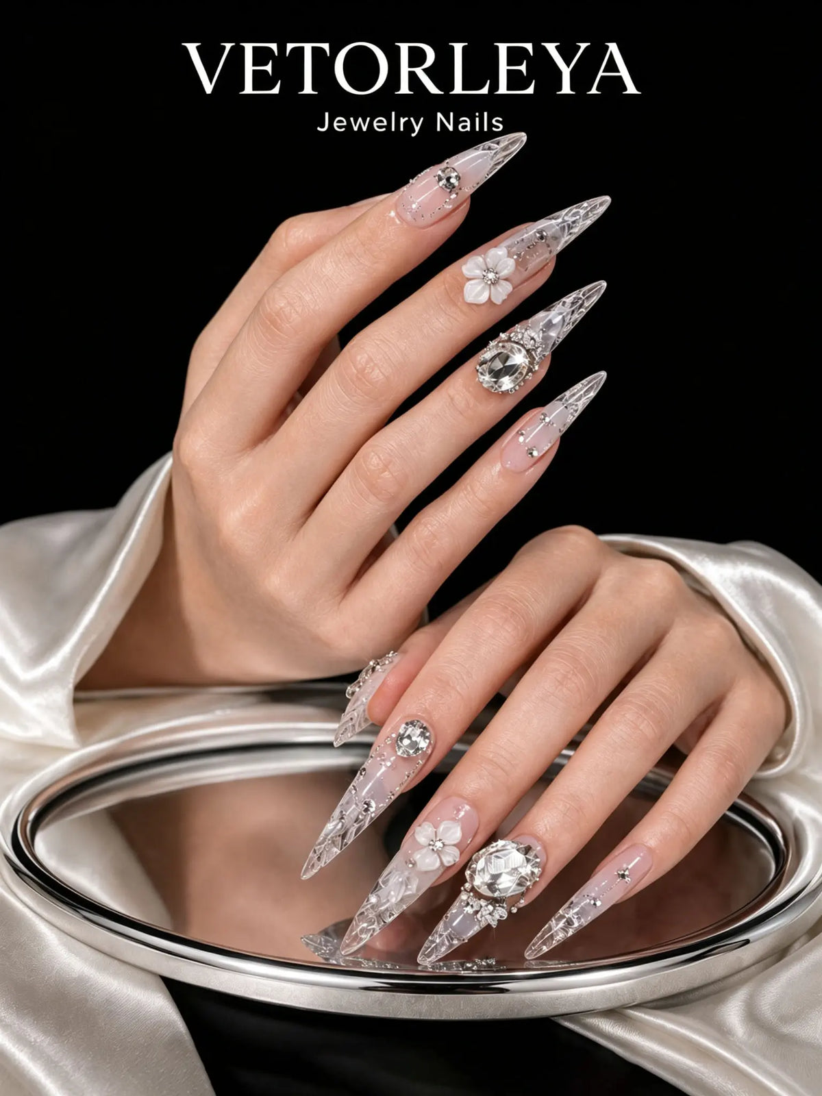 VETORLEYA Stiletto Press On Nails, Nude Clear Gradient 3D Bow Pearl Rhinestone Fake Nails，VDLYMJ29