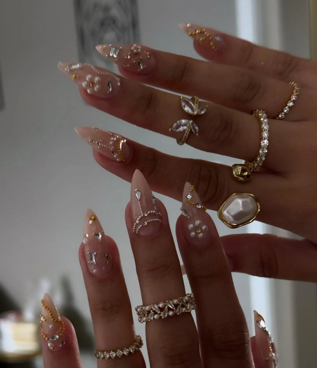 Handmade Pearl & Gold Drip Luxury Stiletto Press On Nails | Elegant Bridal White Pearl Fake Nails | 3D Crystal Wedding, Event Nail Gems