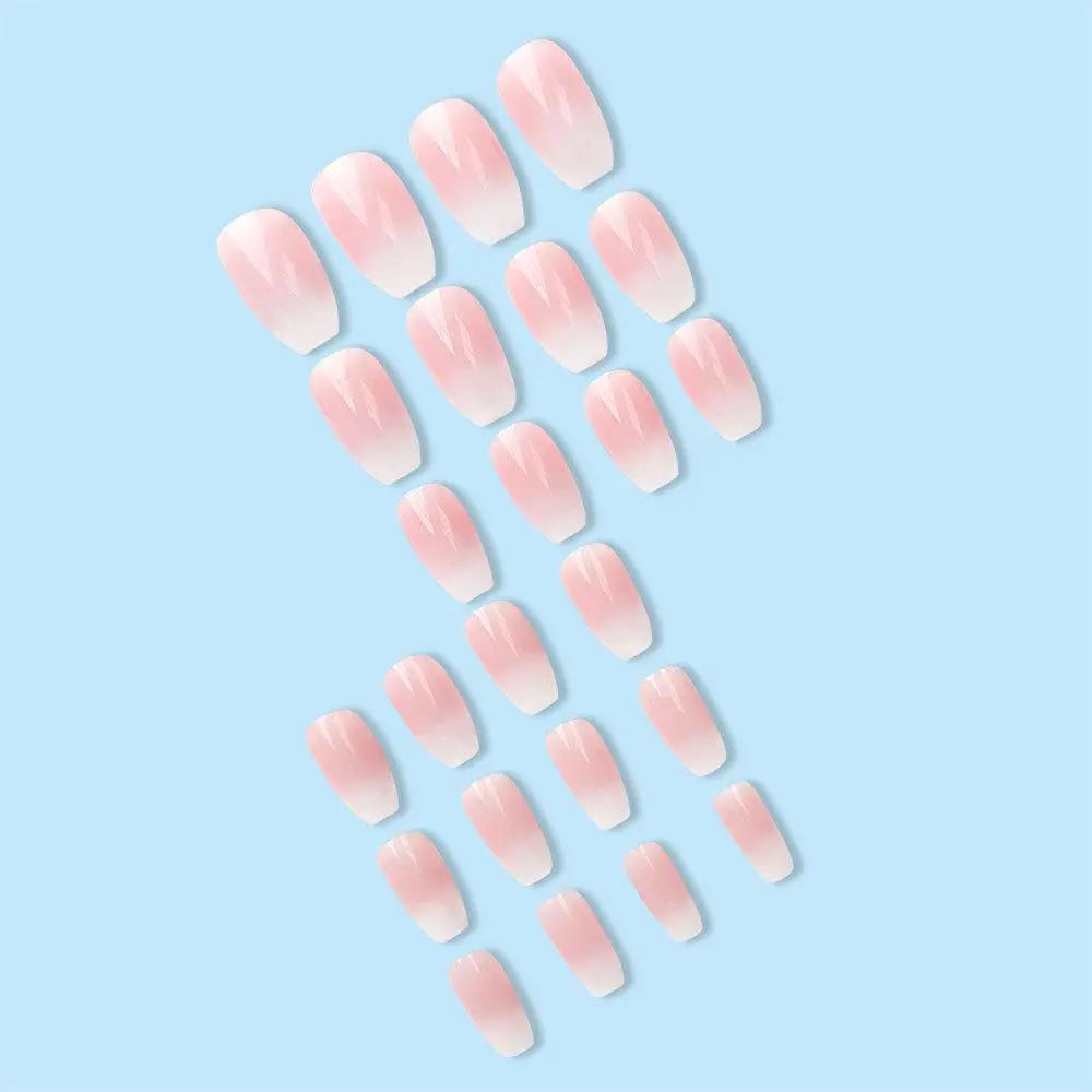 Gentle and sweet girly press-on nails featuring an icy, translucent gradient, sheer white, and plaid pattern.