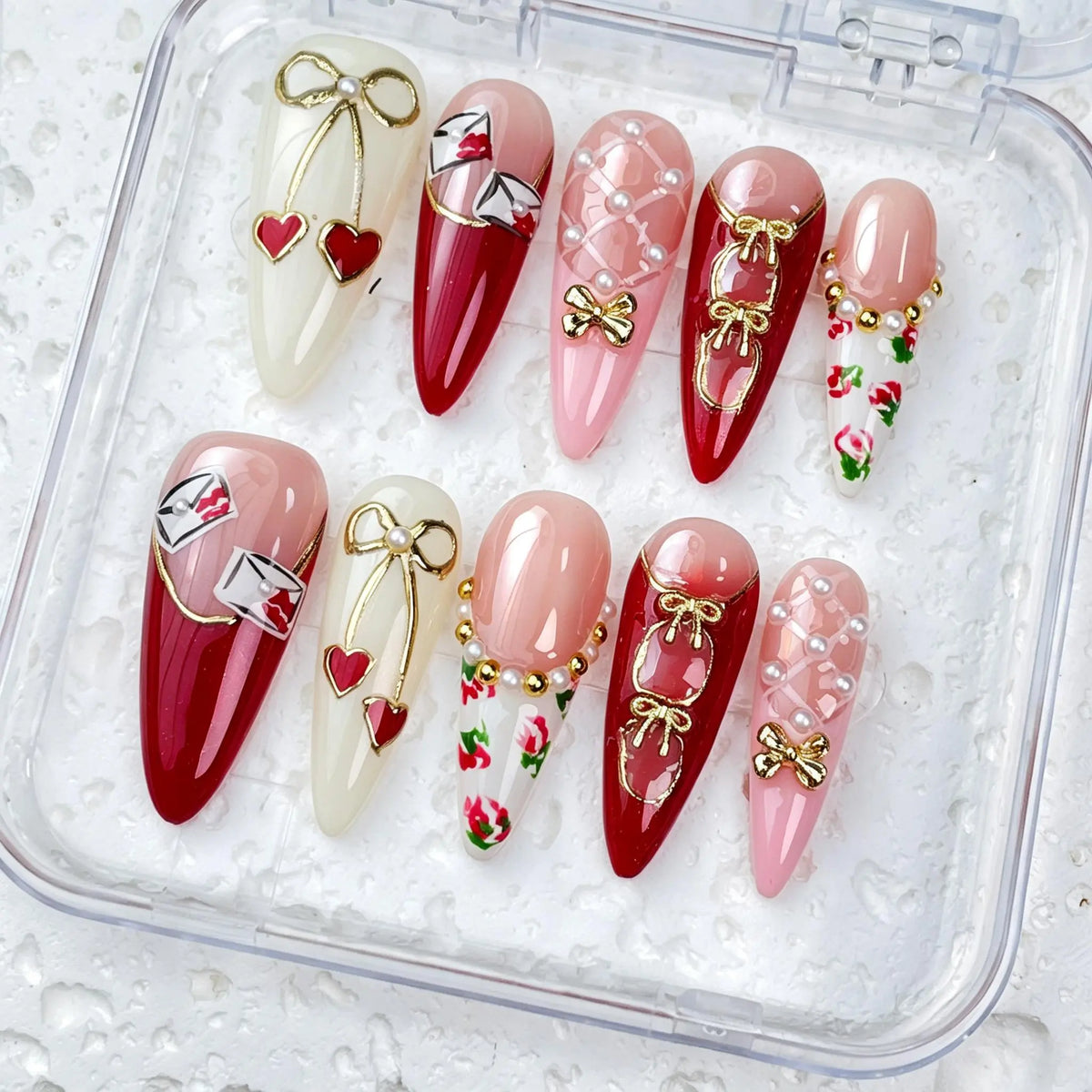 DivelleNails Handmade Press On Nails Collection 10pcs,Stiletto Nude Pink Gradient Nails,3D White Flower Gold Bangle Accent Blue Purple Heart Rhinestone,Reusable Acrylic False Nails