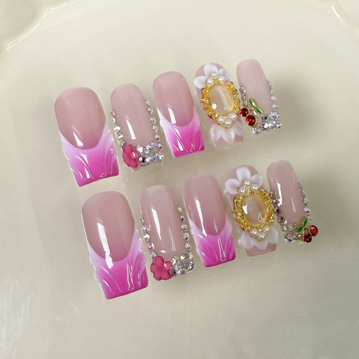 Luxury Handmade Press on Nails Long Coffin Fake Nails Rhinestone Crystal Full Cover False Nails with Glue with Designs Sparkly Long Acrylic Nail Reusable Stick on Nail for Women 10Pcs(Size M)