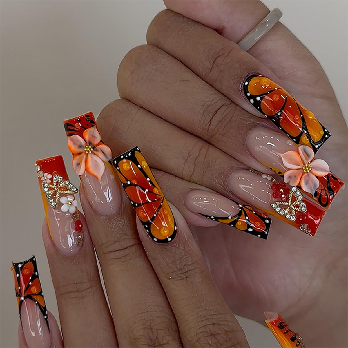 24Pcs Long Square Nude Pink White Nails Press ons Pearl Gold Flower Fake Nails Elegant False Nails Bridal Nails Glue on Luxurious Stick on Nails Casual Work for Girl Women Wedding Formal Occasions