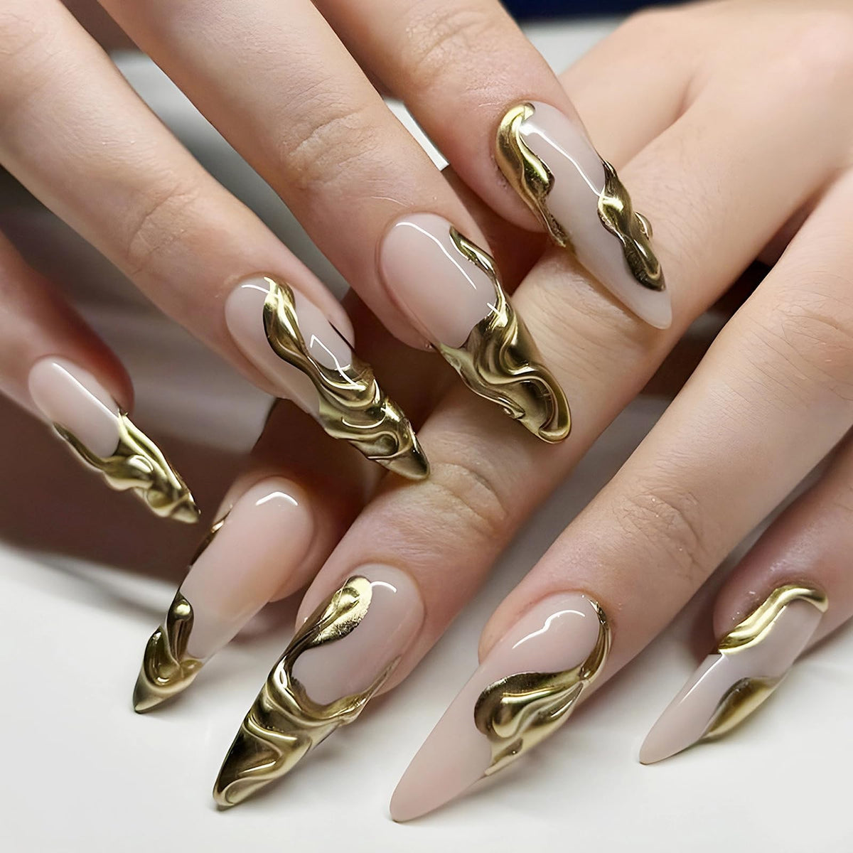 MISUD Press on Nails - Long Stiletto Fake Nails with Bling Glitter, Acrylic Luxury Rhinestone Design 24 pcs