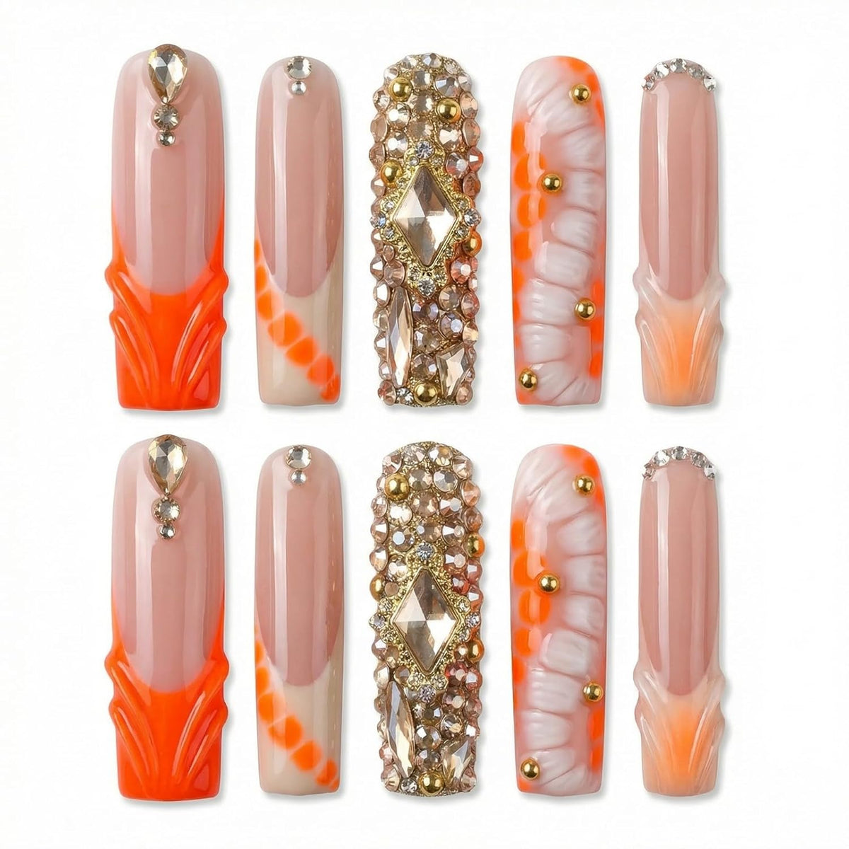 Handmade Press on Nails XL Long Square - Extra Long Orange French Acrylic Fake Nails with 3D Sculpted & Luxury Crystal Gems, Luxury Baddie Reusable False Nails 10 Pack (Size M)