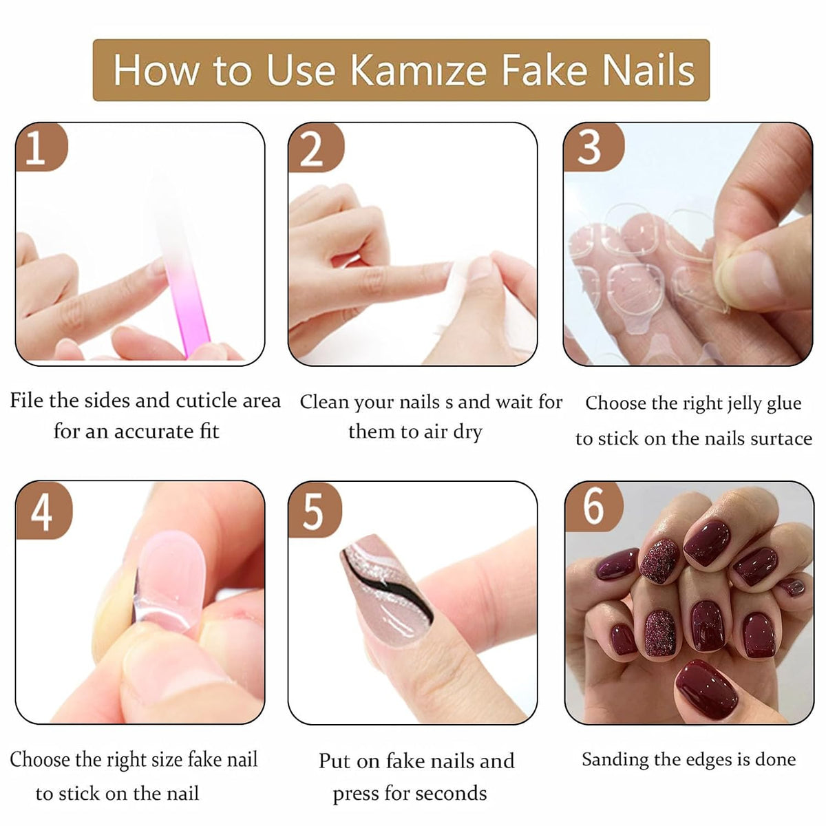 Short Press on Nails Square Fall Burgundy Fake Nails with Golden Glitter Designs Acrylic Nails Press ons Reusable Glue on Nails for Women and Girls Daily Wear 24 Pcs