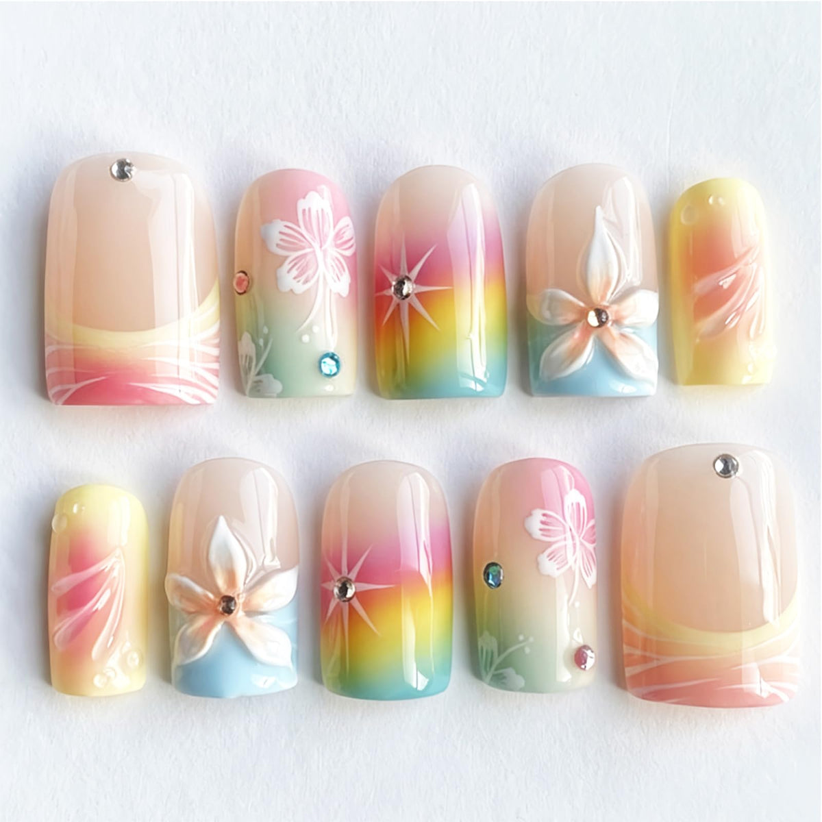 Press on Nails Silver Glitter Rhinestone Medium Square Fake Nails