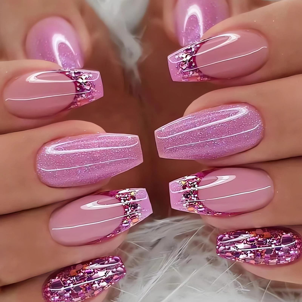 IMSOHOT Long Press on Nails Coffin Glitter Fake Nails Shiny Pink Rhinestone Full Cover False Nails Luxury Ballerina Artificial Acrylic Glue on Nails for Women 24Pcs