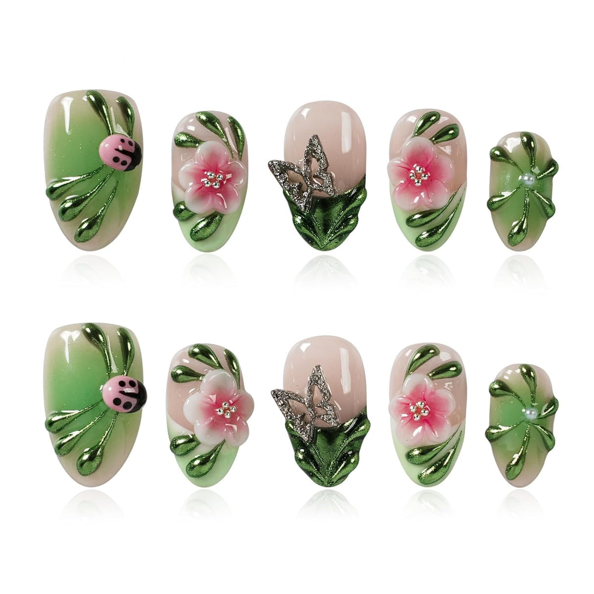 Gothic 3D Floral Press on Nails Medium Almond - Gold Cross & Rhinestone Design, Handmade Pearl Luxury Dark Romantic Reusable Nails (Orange Diamond Sweet Luxury,L)