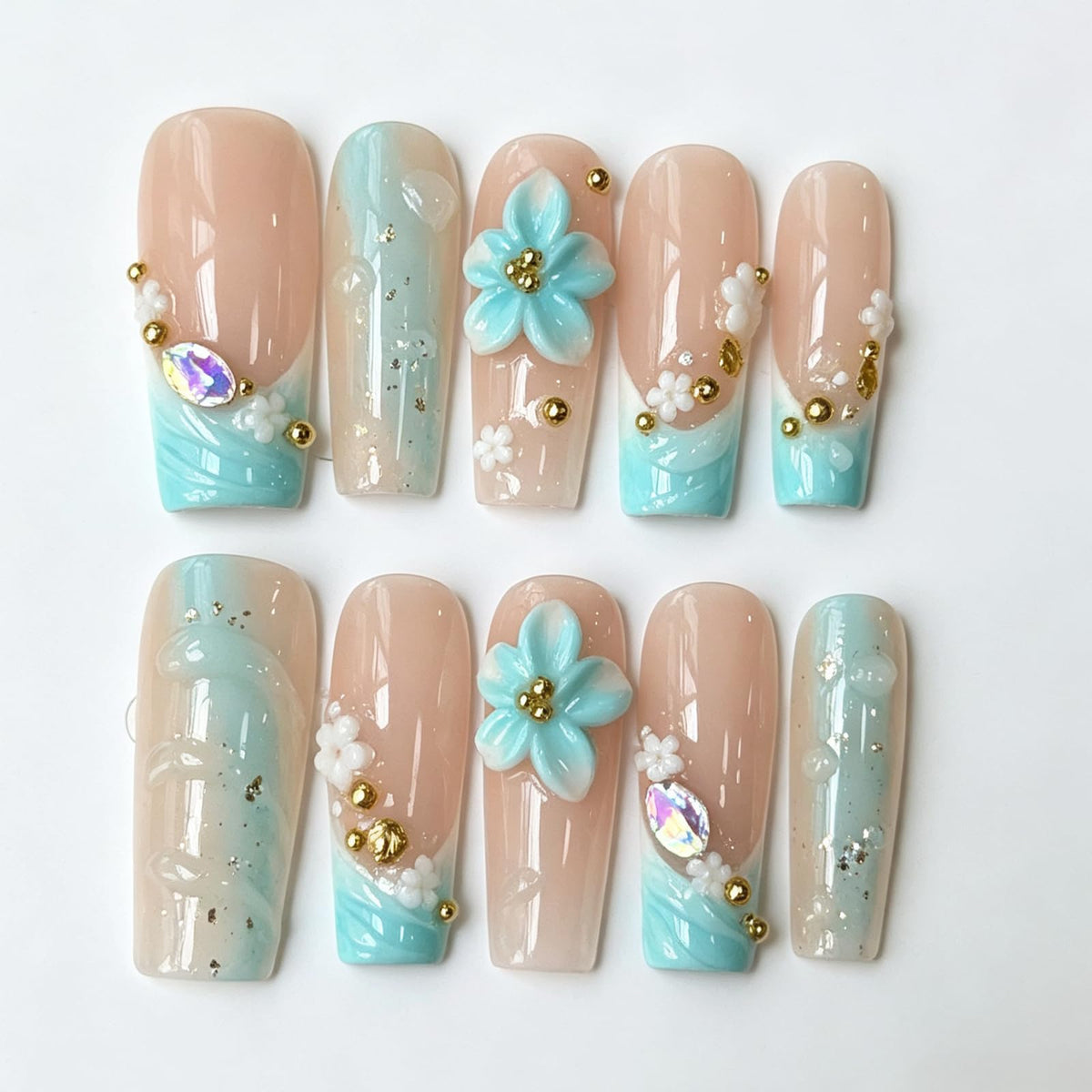 White Medium Square Handmade Press On Nails, French Tip 3D Heart Design
