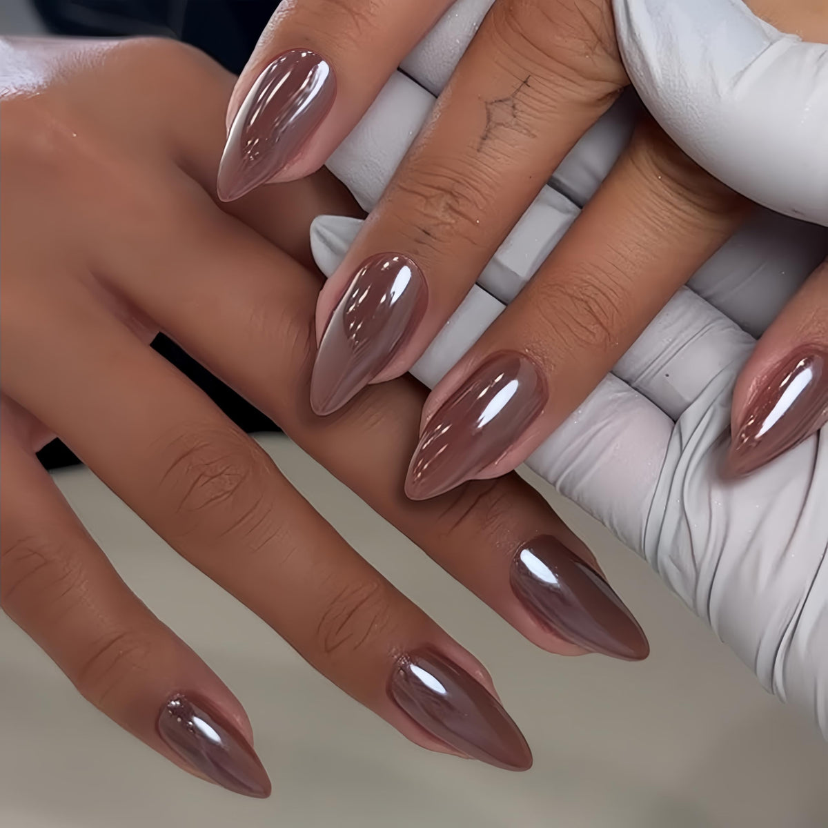 White French Tip Press On Nails Almond - KQueenest Chrome Press On Nails Medium, Glazed Natural Light Nude Fake Nails Press on, Reusable Glue on Nails Stick On Nail for Women Bridal Wedding