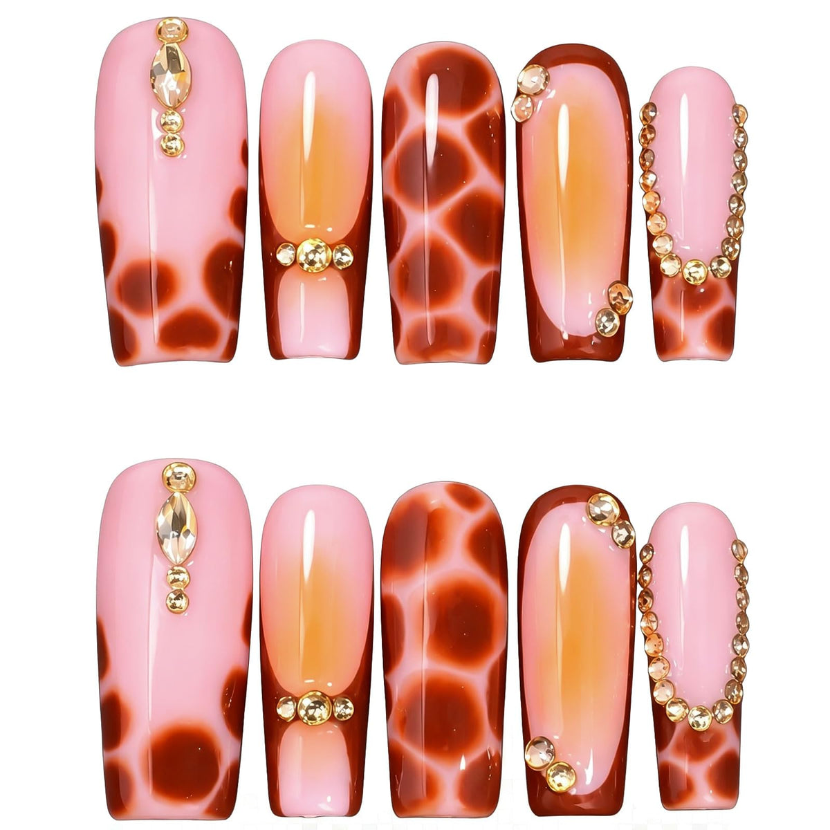 Handmade Press on Nails XL Long Square - Extra Long Orange French Acrylic Fake Nails with 3D Sculpted & Luxury Crystal Gems, Luxury Baddie Reusable False Nails 10 Pack (Size M)