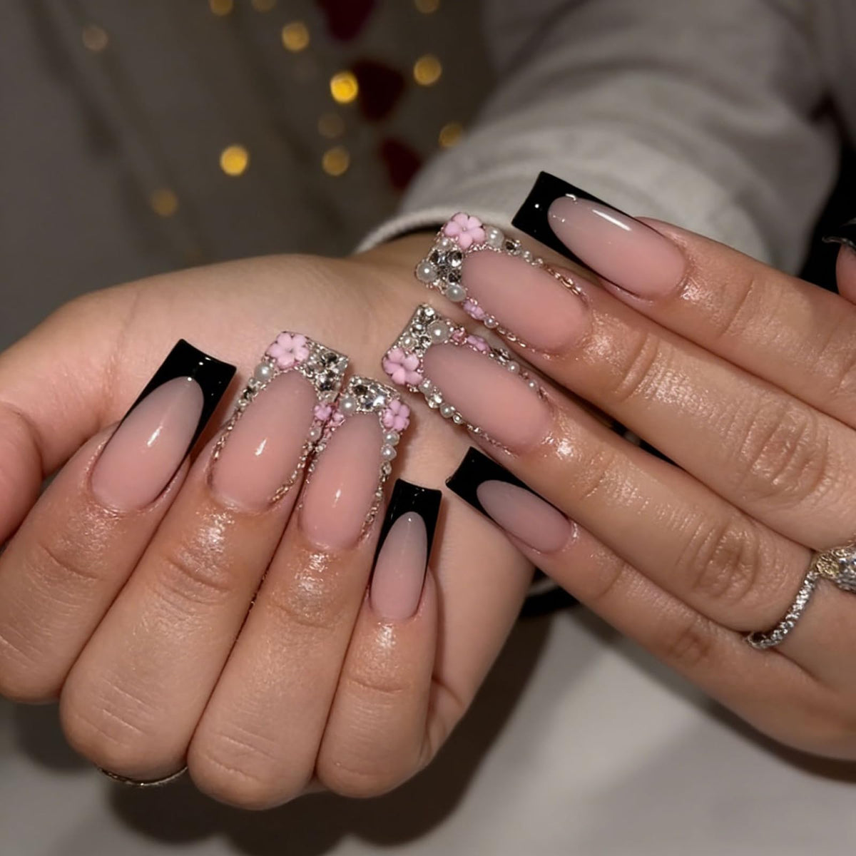 24Pcs Long Square Nude Pink White Nails Press ons Pearl Gold Flower Fake Nails Elegant False Nails Bridal Nails Glue on Luxurious Stick on Nails Casual Work for Girl Women Wedding Formal Occasions