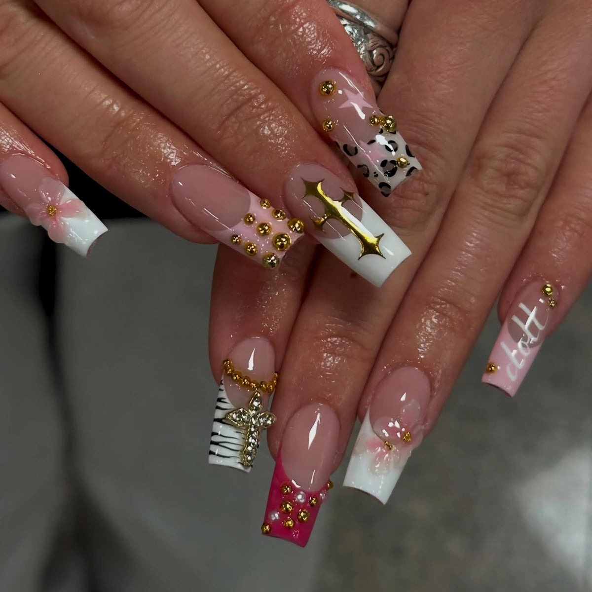 BABALAL Press On Nails Long Square Fake Nails Nude Pink White French Tip Lace Pearl Rhinestone Glossy Bridal Wedding Glue On Nails 24Pcs
