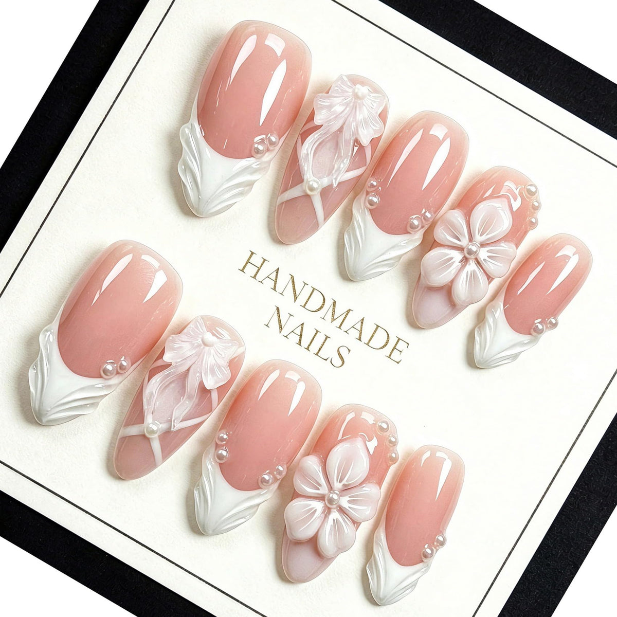 Handmade Almond Press on Nails, Abstract 3D Floral Gold, 10Pcs