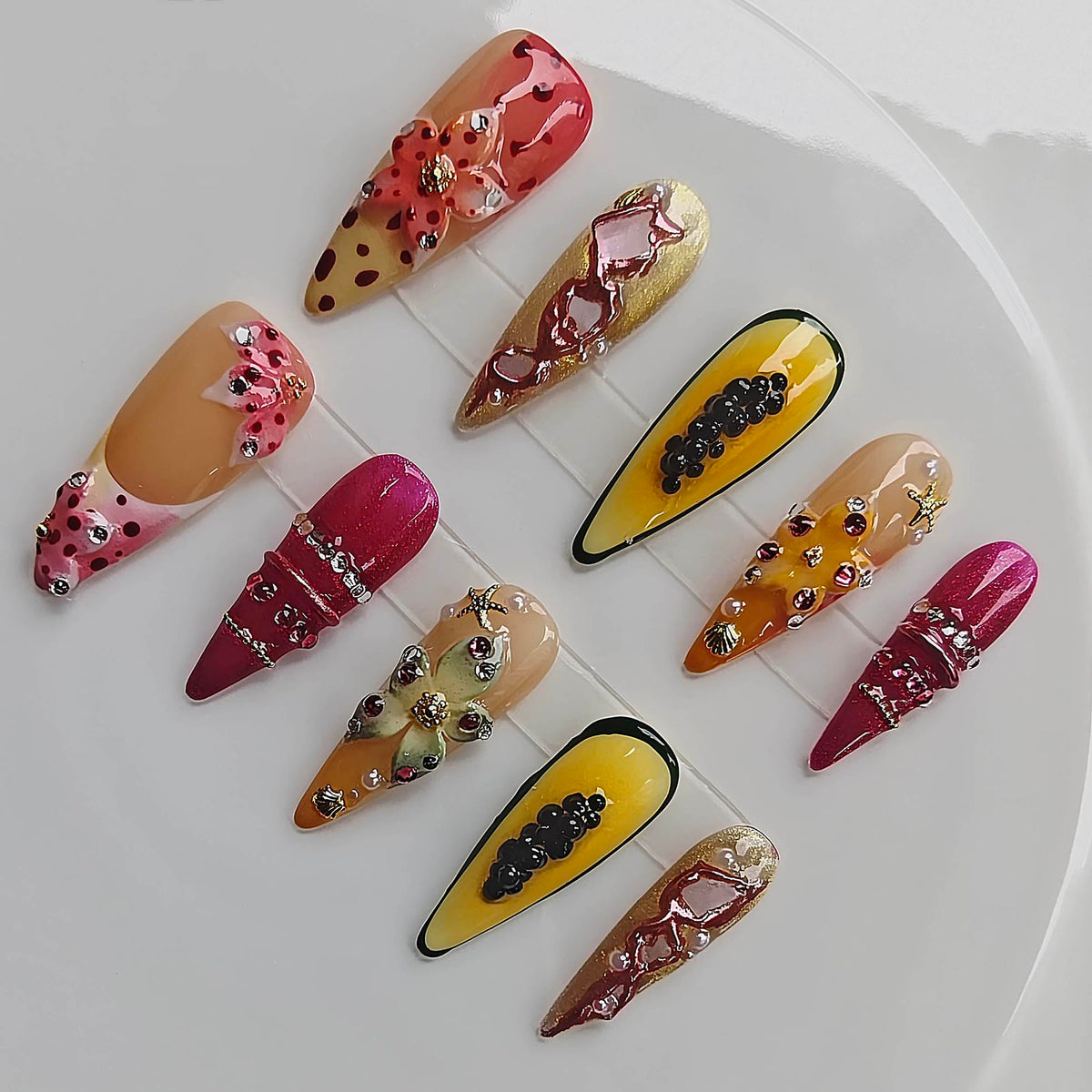 Handmade Press on Acrylic Nails, Almond Long Press Ons with Purple & Nude 3D Swirl Design, Rhinestone & Polka Dot Accents, Stiletto Glue on False Nails Y2K M Size -Gleamrain Design 801