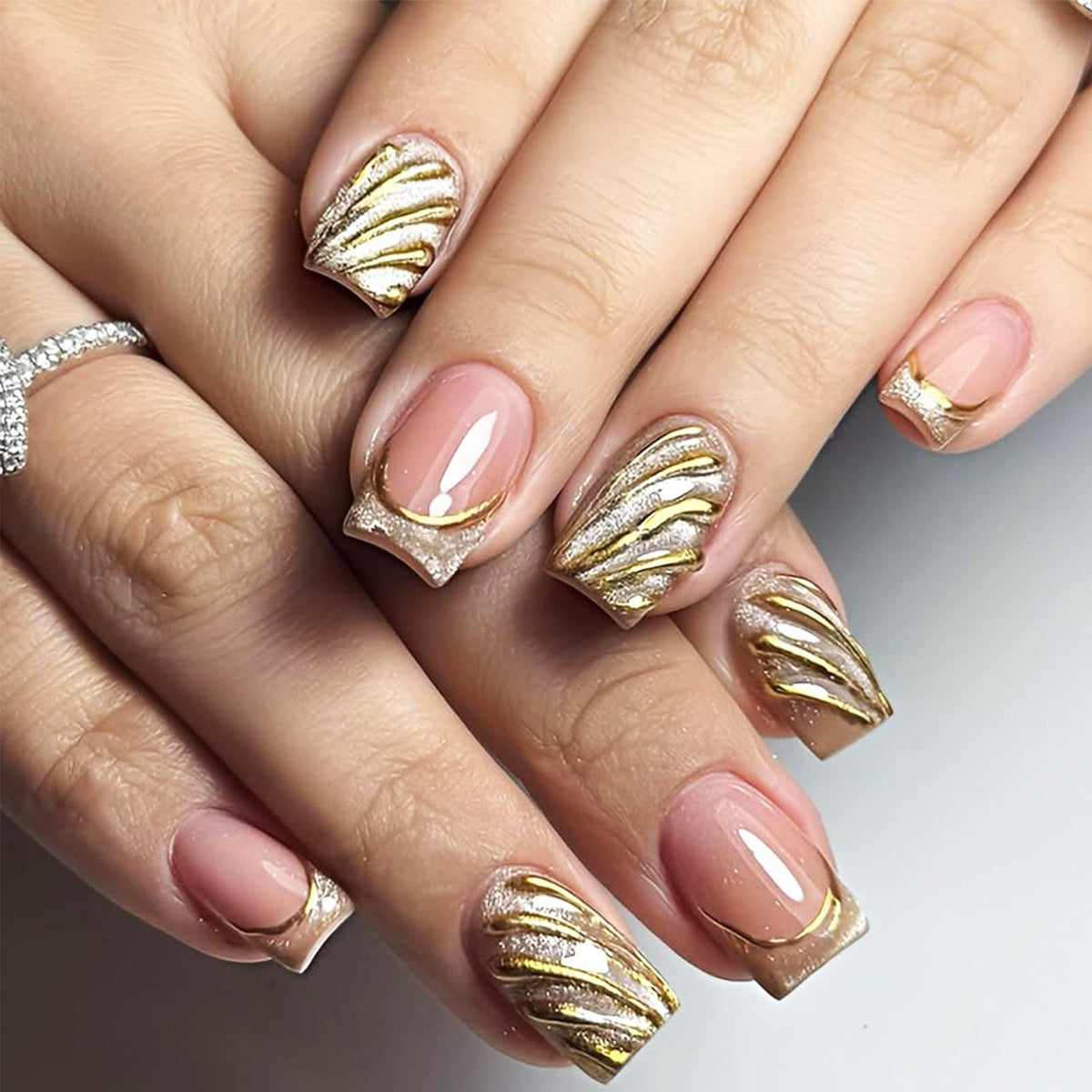 Press on Nails Silver Glitter Rhinestone Medium Square Fake Nails