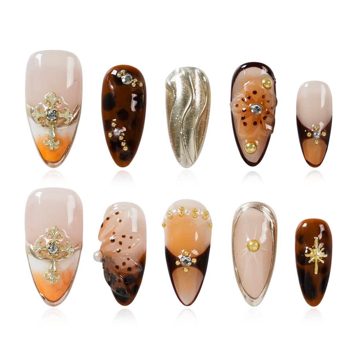 Gothic 3D Floral Press on Nails Medium Almond - Gold Cross & Rhinestone Design, Handmade Pearl Luxury Dark Romantic Reusable Nails (Orange Diamond Sweet Luxury,L)