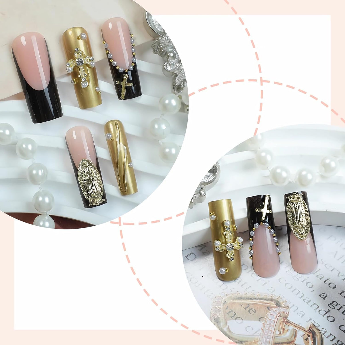 BABALAL Press on False Nails Long Square Fake Nails Black and Gold Chrome Gothic Glue on Cross Charm Luxury 3d Design French Tip Acrylic 24Pcs Y2k Handmade Custom Full Cover Gel Nails