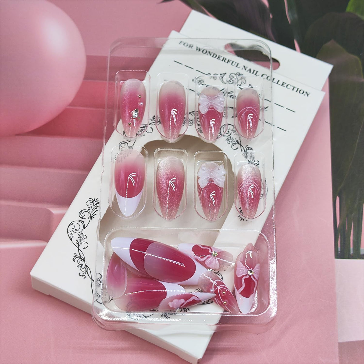 Almond Press on Nails Pink Glitter Bridal Designs Medium Fake Nails with 3D Bow Rhinestones Accent Glossy Wedding Manicure for Bride Bridesmaid Women 24 Pcs