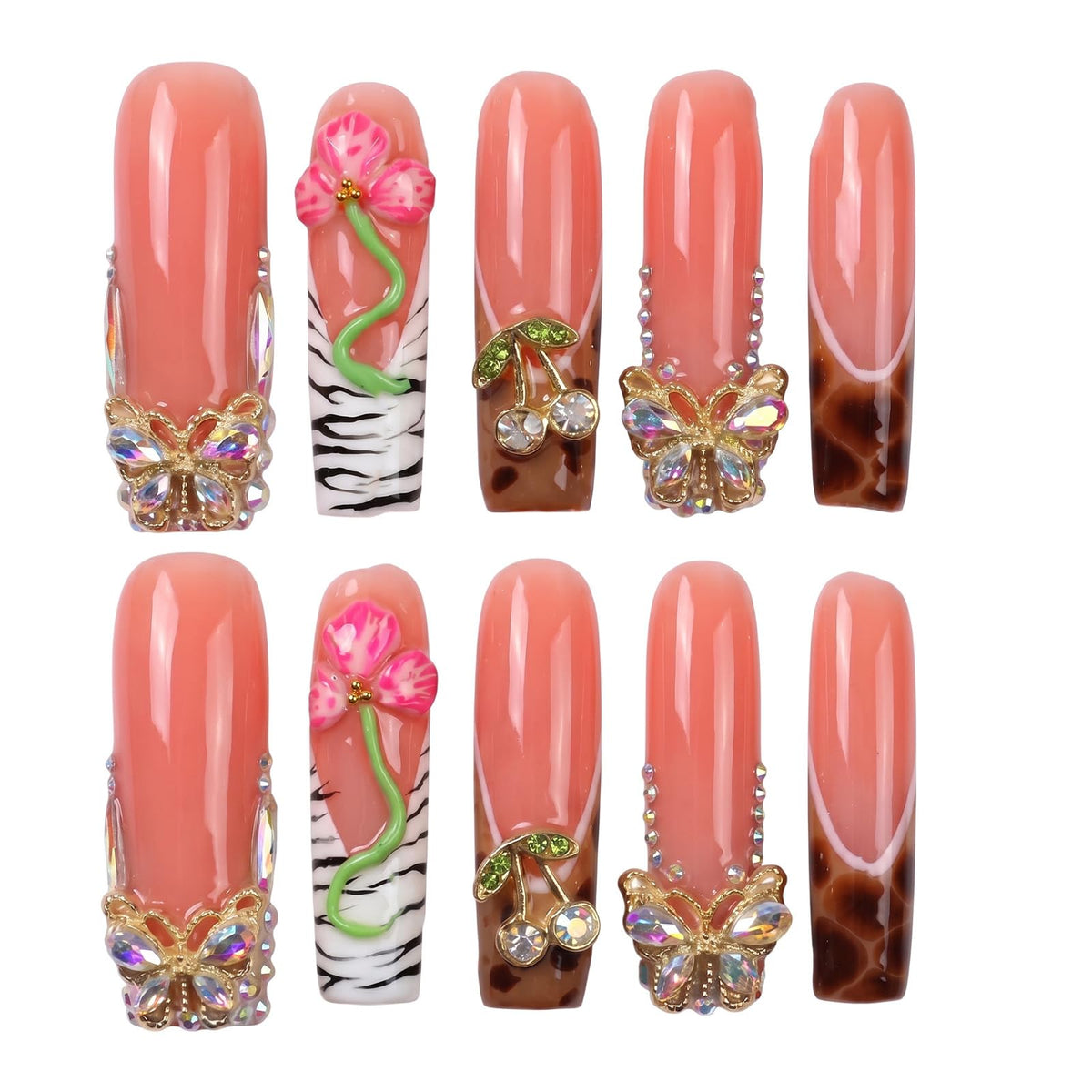 Long Square Handmade Press on Nails - White French Tip Acrylic Fake Nails with Crystals Gems, Elegant Bridal Reusable False Nails for Wedding Manicure 10 Pack (Size M)