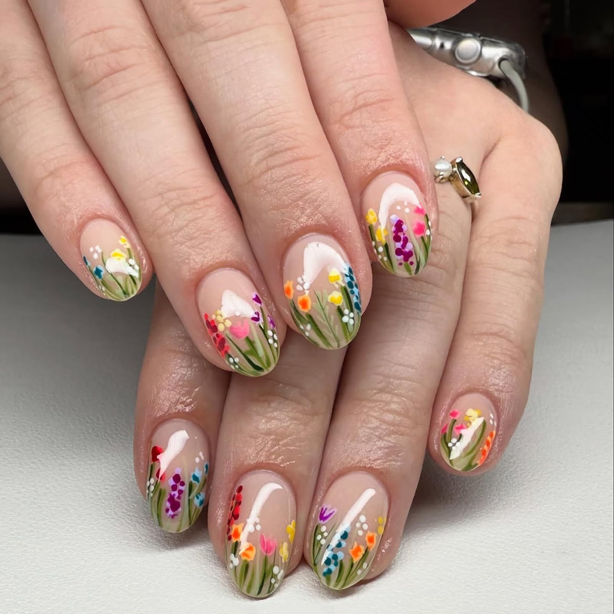 Summer Press on Nails Almond Pink Floral Shell Pearl Gold Dot Fake Women