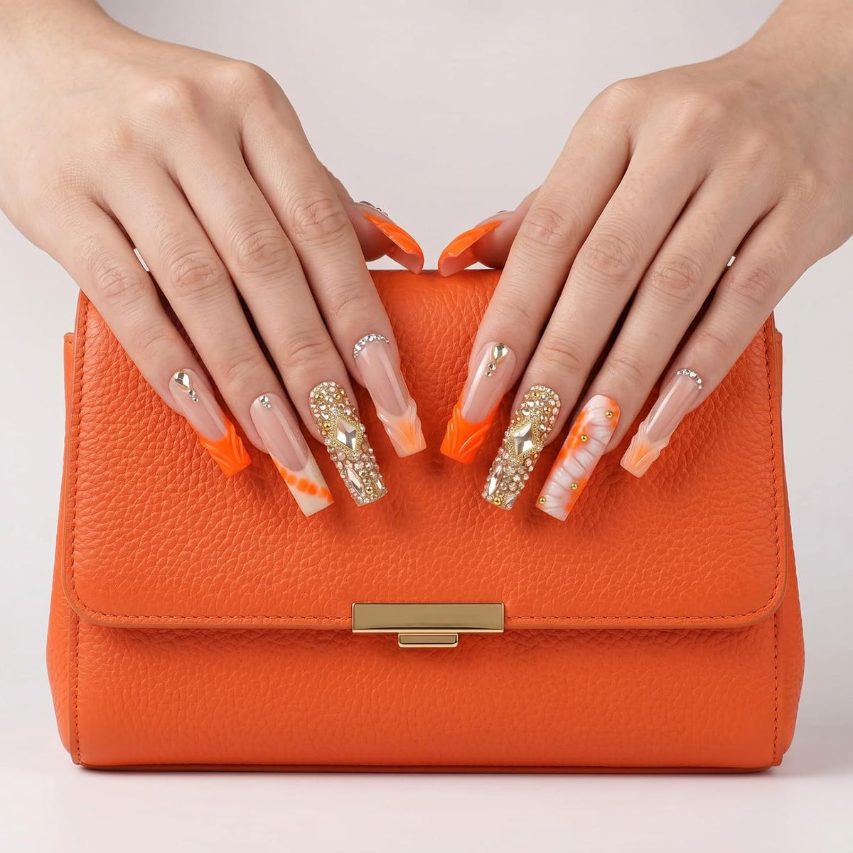 Handmade Press on Nails XL Long Square - Extra Long Orange French Acrylic Fake Nails with 3D Sculpted & Luxury Crystal Gems, Luxury Baddie Reusable False Nails 10 Pack (Size M)