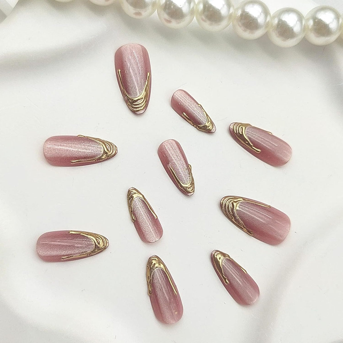 French Tip Press on Nails Almond Medium Fake Nails with Chrome Glitter Designs Nails Press ons Pink Gold Glue on Nails Natural False Nails Glossy Artificial Nails Simple Stick on Nails for Women 24Pcs