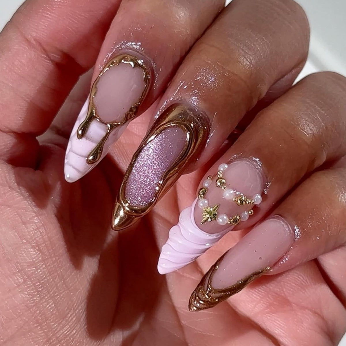 3D Gold Press on Nails Long Stiletto Fake Nails Glossy Nude Blue Full Cover