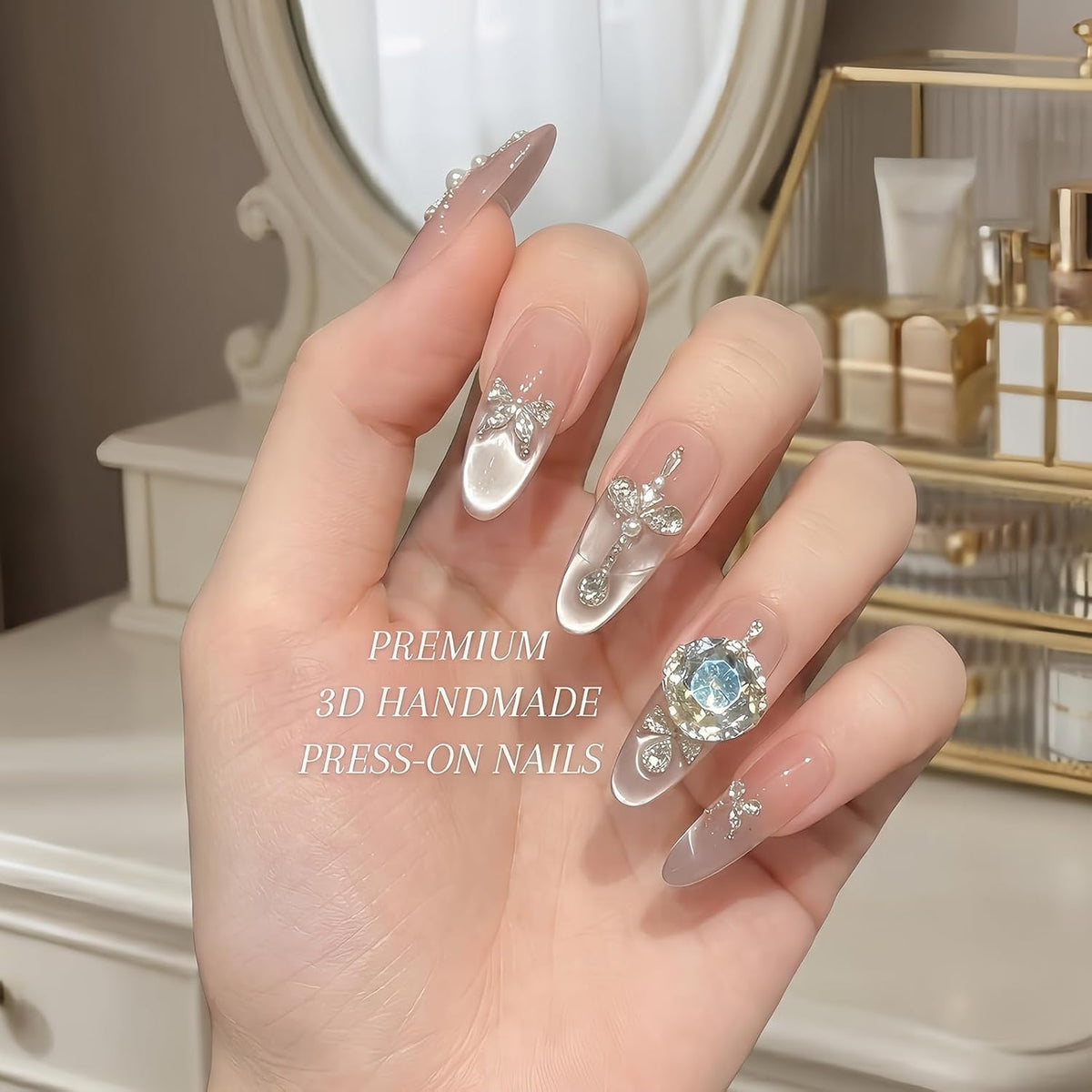 Nude Jelly Press on Nails Long Coffin, Handmade Luxury Rhinestone False Nails with Crystal & Pearl, Glossy Nude Ballerina Fake Nails Reusable Stick On Nails Set for Women 10Pcs